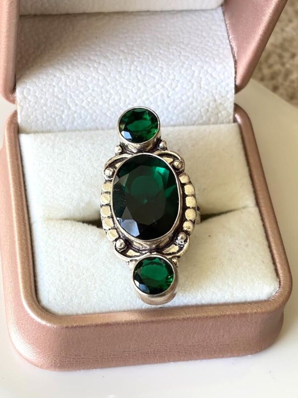 Simulated Emerald Three Stone Statement Ring 925 Silver Plated - Size 5.5